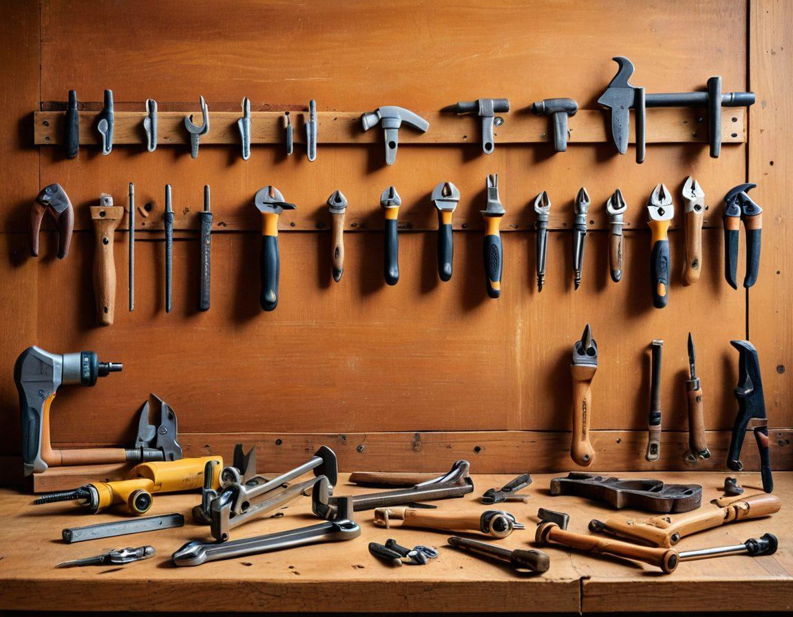 A close-up of various types of clamps used in DIY projects, surrounded by tools like a hammer, screwdriver, and wood pieces. The scene showcases a well-lit, organized workspace featuring a workbench with unfinished wood projects. Include a soft focus background of tools hanging on the wall. The overall atmosphere should convey creativity and craftsmanship. super-realistic. warm colors. bright background.