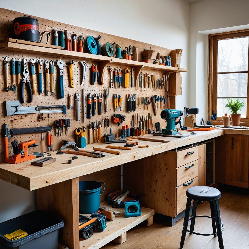 A stylish workshop scene showcasing a variety of innovative clamping systems and tools actively being used in a home repair project. Bright light illuminating the workspace, highlighting the textures of the wood and the precision of the tools. Include detail on user-friendly designs and colorful gadgets to enhance creativity in home repairs. Emphasize a DIY enthusiast engaged in a project, filled with determination and inspiration. vibrant colors. 3D.