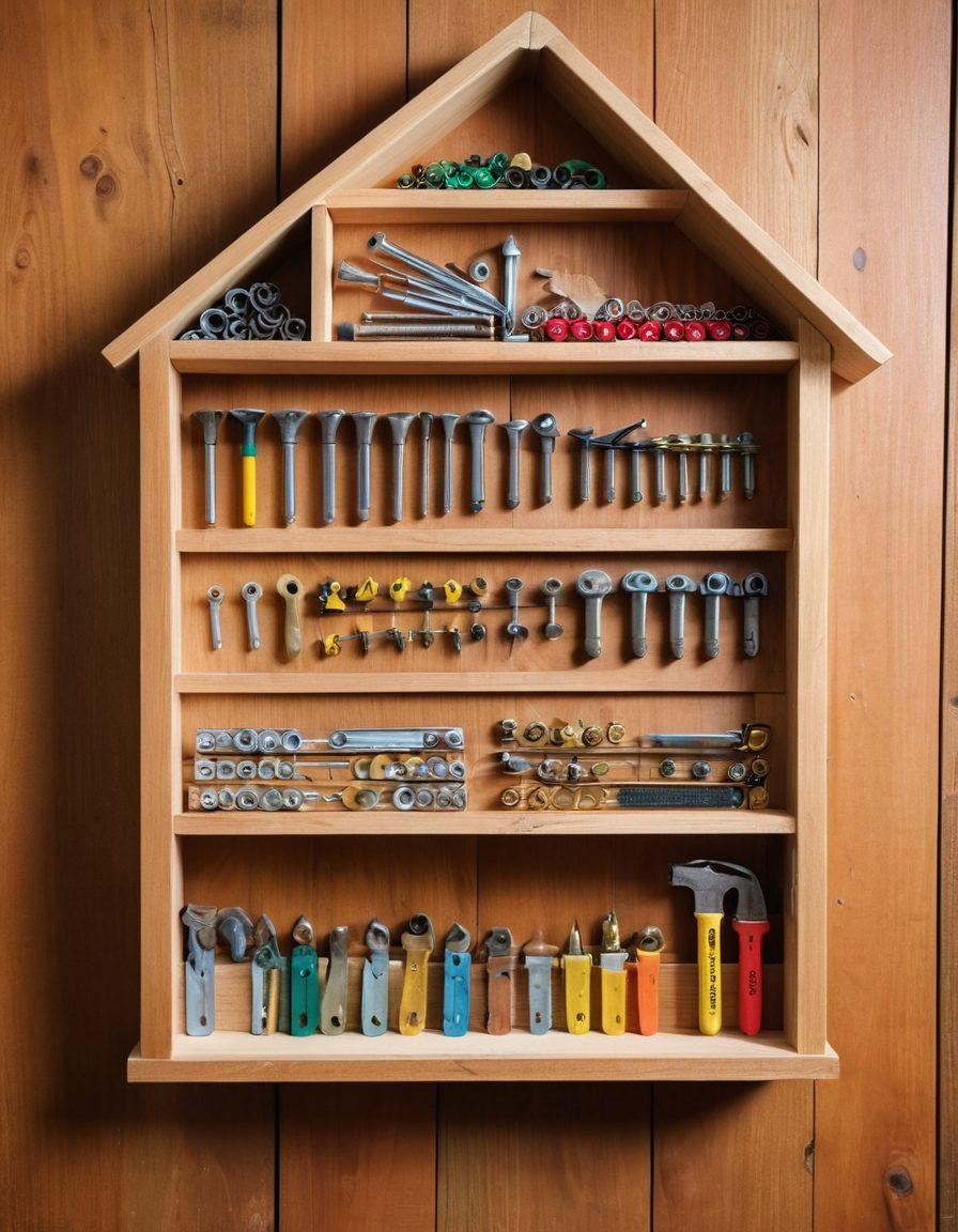 A visually engaging collage featuring various fastening methods for home improvement, such as screws, nails, and adhesives, on a textured wooden background. Include a toolbox with tools arranged aesthetically and small DIY projects in the background like a birdhouse and a wooden shelf. The scene should evoke a sense of craftsmanship and creativity. soft focus, warm tones, and natural lighting.